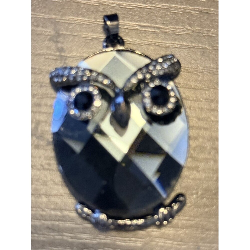 Owl Pendant Charm Black Faceted Rhinestones Silver Gray Tone